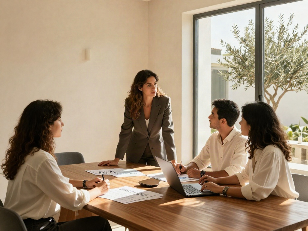 A collaborative business review around a table in a sunlit office